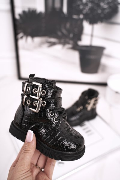 Dětské Boty Izolované Kožešinou Lakované Černé Valentina