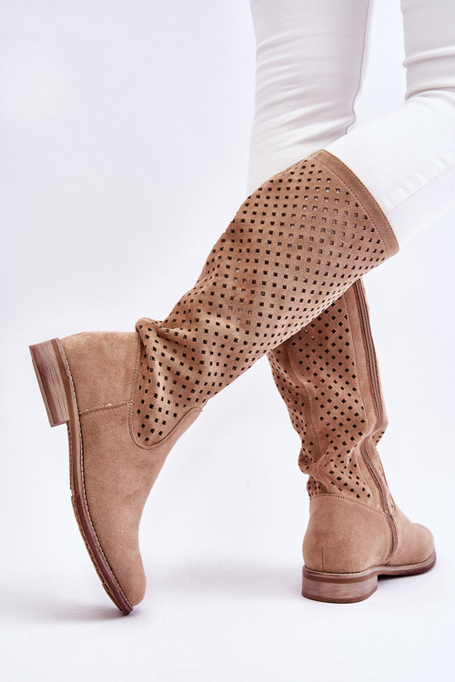 Dámské semišové prolamované kozačky nad kolena Béžove Savannah