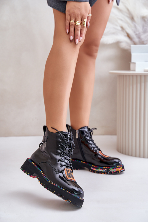 Lakované Botky Traperky Dámské Na Zip Kožené Artiker 55C0517 Černé