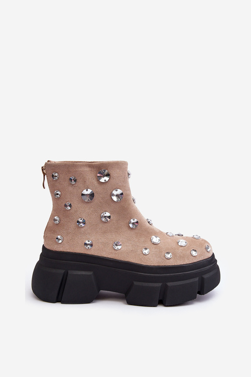 Kožené Oteplené Botky Se Krystaly D&A MR870-83 Béžové