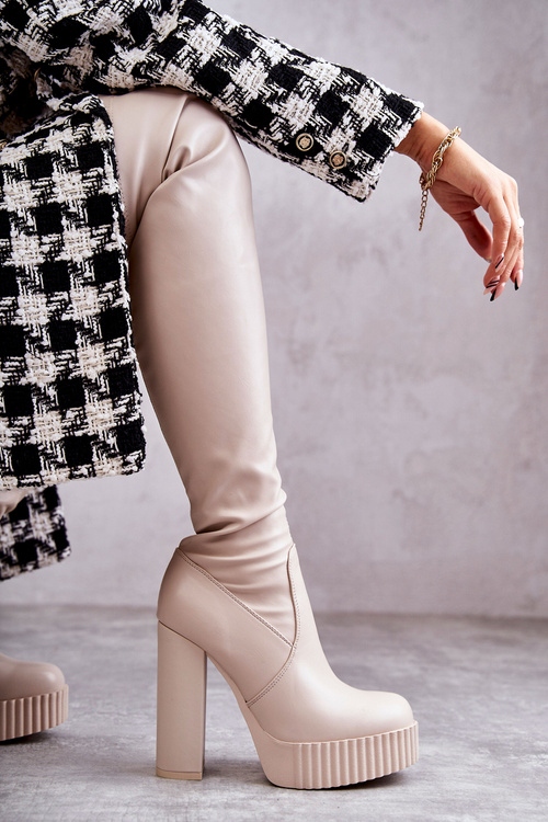 Kožené Vysoké Kozačky Na Platformě Béžové Katrina