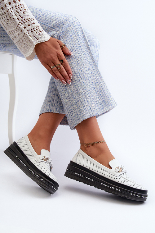 Dámské kožené mokasíny na platformě s řetízkem S.Barski LR618 Bílé