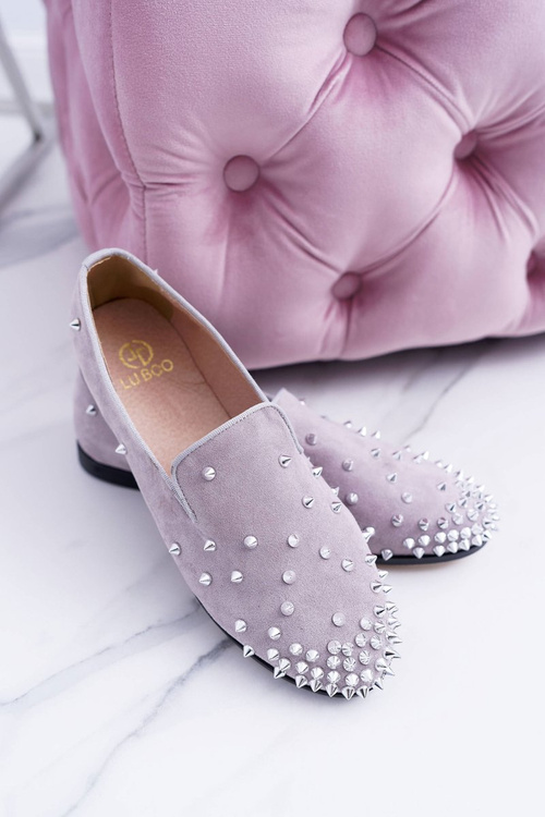 Balerinki Damskie Lu Boo Szare Zamszowe Lordsy z Ćwiekami Odessa
