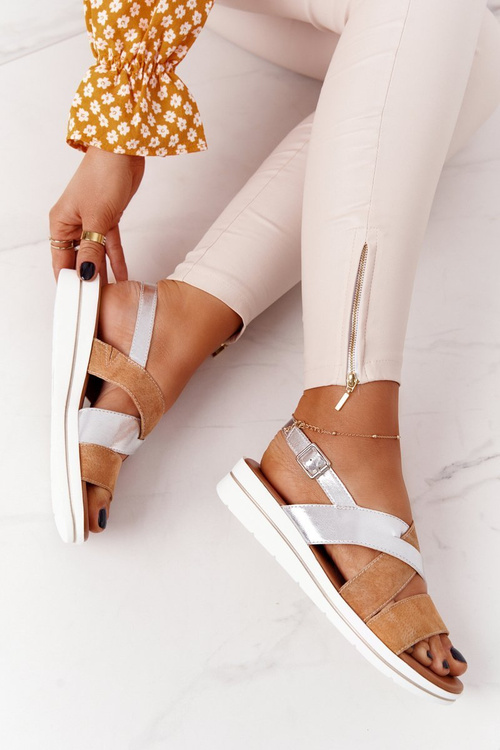 Semišové Sandály Sergio Leone SK039 Béžové-Stříbrné