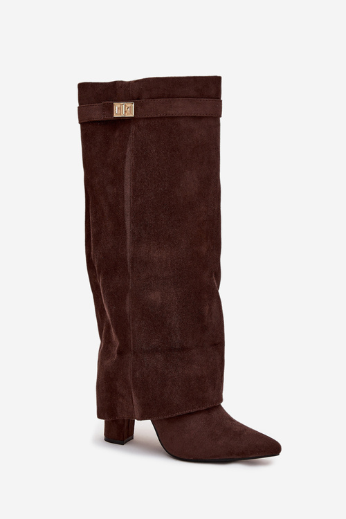 Kozačky Eko Semišový Podpatky Na Zip Zateplené Ohnutý Svršek Čokoládové Evyra