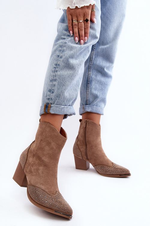 Dámské zdobené botky kovbojky na sloupku bežové Eleduana