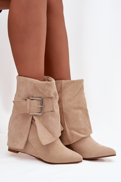 Platformové čižmy s obráteným horným lemom a sponou eco semiš béžové Vortinia