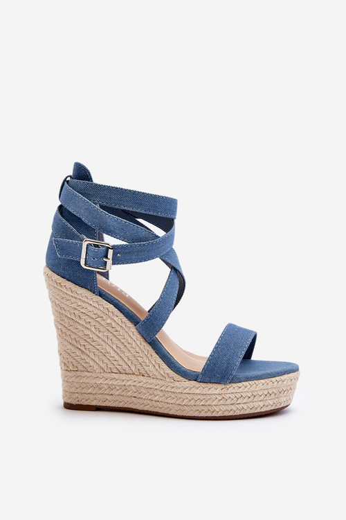 Džínové sandále na kline s plietkou modré Salthe