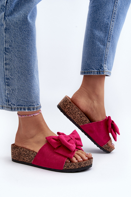 Dámske papuče na masívnej korkovej platforme s mašľou Fuksja Tarena