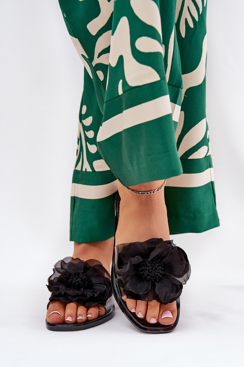 Průhledné Ploché Pantofle Dámské Se Umělou Květinou Černé Vobetta