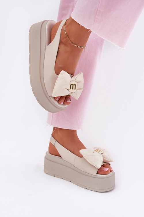 Dámské Kožené Sandály Na Platformě S Mašlí CheBello 4641 Béžové