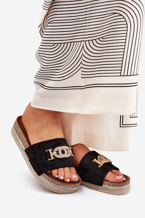 Dámské Pantofle Se Zlatým Detailem Na Platformě S Leskem Černé Eanes