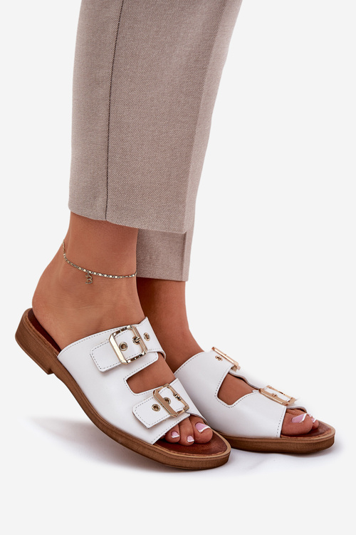 Kožené Ploché Sandály S Přezkami Bílé Zazoo 3020