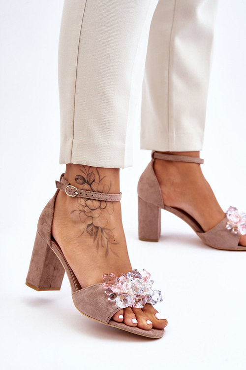 Elegantní sandály na vysokém podpatku s krystaly Tmavě béžová Cameron