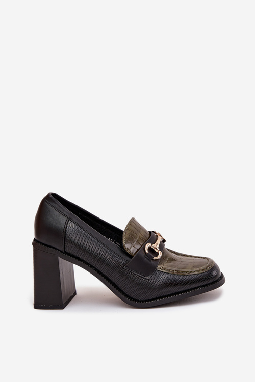 Dámske poltopánky na podpätku s reliéfom a zlatým detailom Zeleno-čierne Novella