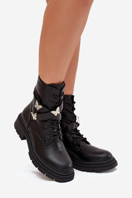 Zateplené pracovné čižmy s pásikom a striebornými sponami Čierne Kaelina