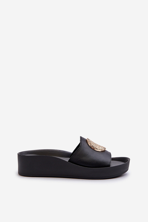 Zazoo 2920 Kožené Dámské Žabky na Klinu s Zlatým Prvkem Zlatý Odbarvení