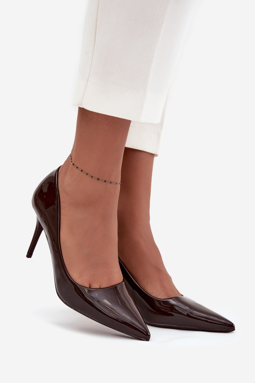 Lakované Eko Kožené Dámske Lodičky S Špicatými Nosmi Čokoládové Jadira