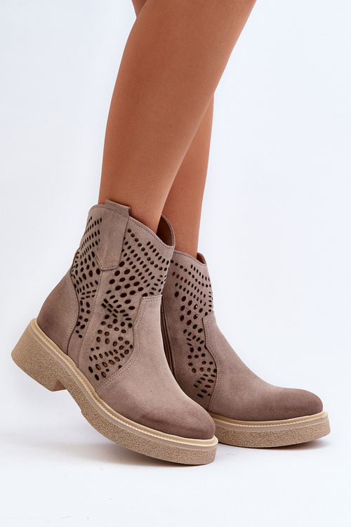 Zazoo 3470 Sametové Dámské Botky Na Ploché Podrážce Vyšívané Cappuccino