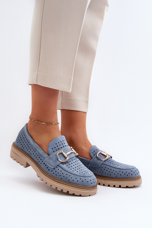 Dámské modré mokasíny s vyšívanými detaily a ozdobou Talesse