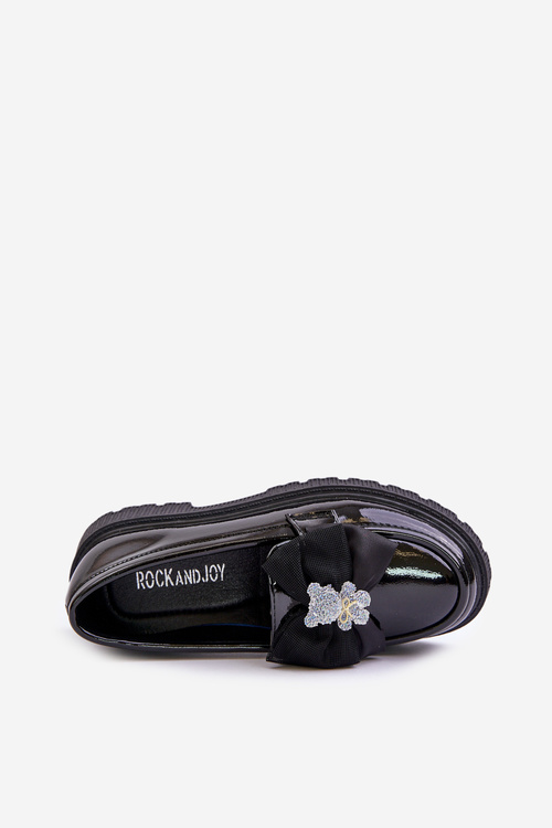 Lakovane Dievčenské Mokasíny S Mašľou Eko Koža Čierne Avallesa