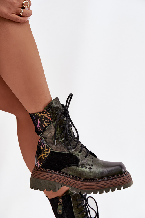 Kožené pracovné čižmy pre ženy na platforme Maciejka 07104-09 Tmavozelená