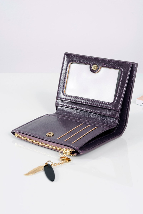 Mały Damski Śliwkowy Portfel Złote Piórko