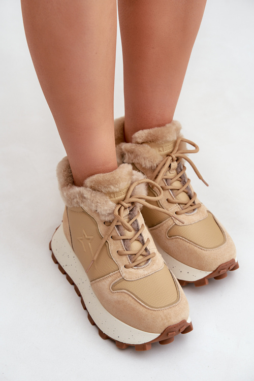 Kožené Sneakersy Trapery Dámské S Kožíškem Na Platformě Big Star OO274A330 Béžové