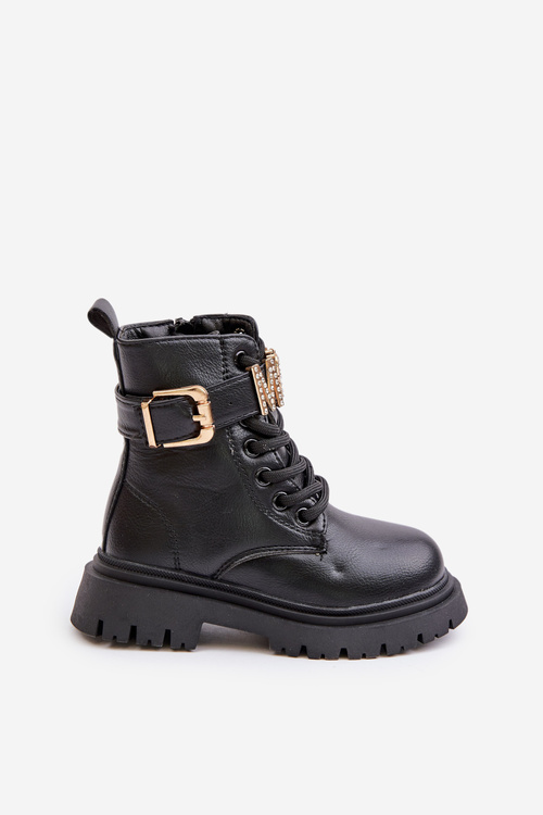 Dívčí boty z eko kůže zateplené s ozdobným páskem černé Gilian