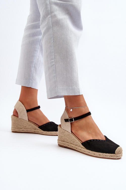 Zamšové sandále espadrily na klinovej podrážke s pletením čierne Raylin