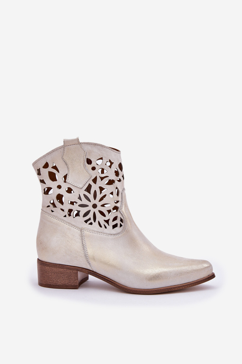Zazoo 3404 Děrované Kozačky Na Nízkém Podpatku Kožené Zlaté Ošoupané