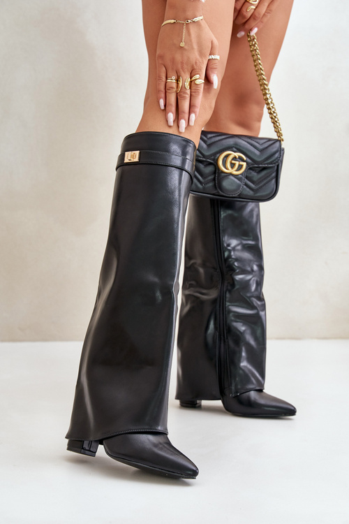 Dámské Kozačky Eko Kůže S Otočeným Štítem Na Podpatku Černé Avamora