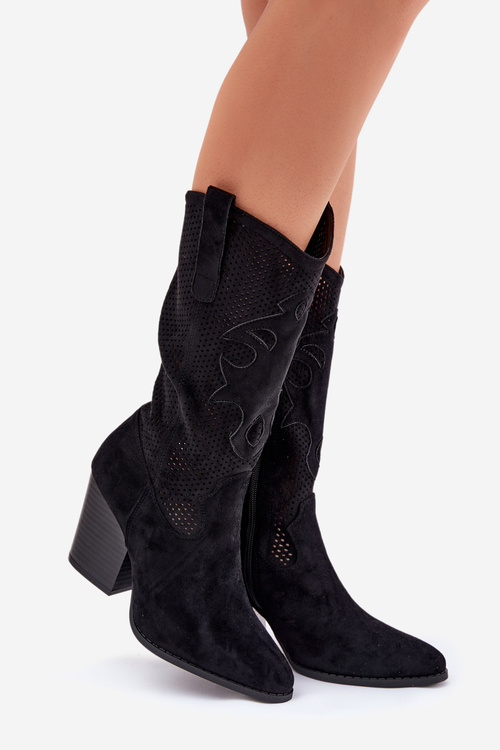 Děrované Kovalové Kozačky Na Podpatku Černé S.Barski HY51-606