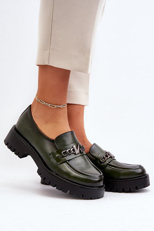 Dámske kožené mokasíny s ozdobou tmavozelené Loraleima