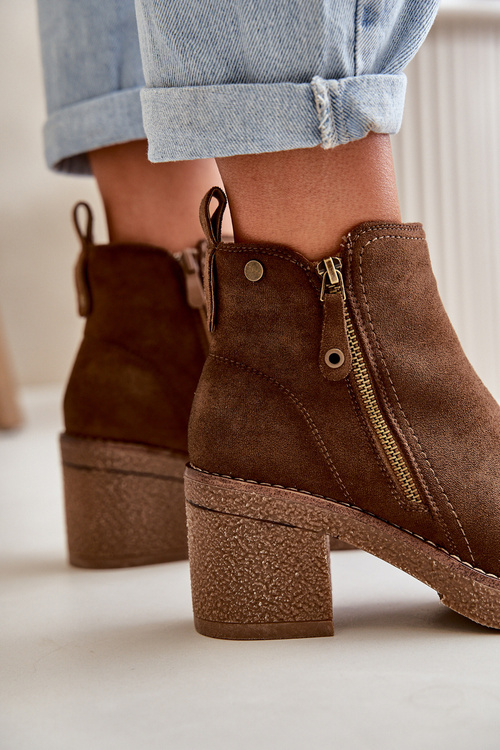 Zateplené Dámske Topánky na Podpätku z Ekologického Zamszu Tmavohnedé Velarilla