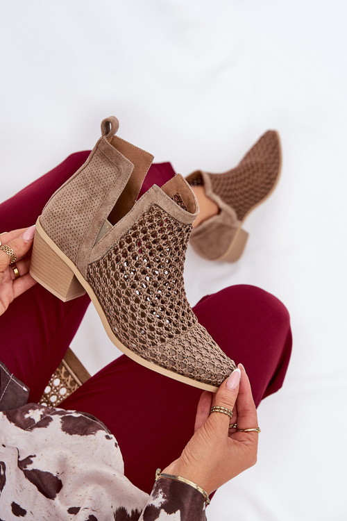 Dámske Ažúrové Čižmy Na Opätku S Výrezmi A Pletením Khaki Tulifedi