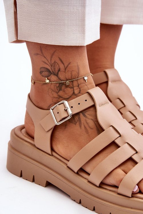 Kožené Ploché Sandály S Proužky Béžove Diosa