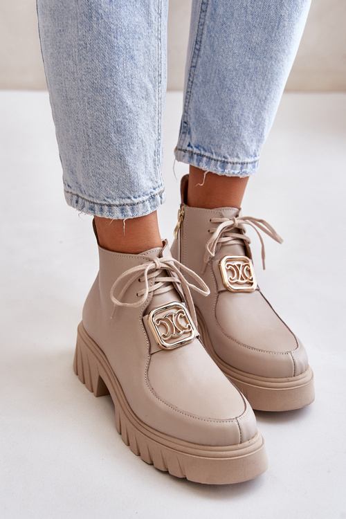 Zazoo 2952 Kožené Boty Se Zlatou Dekorací Béžové