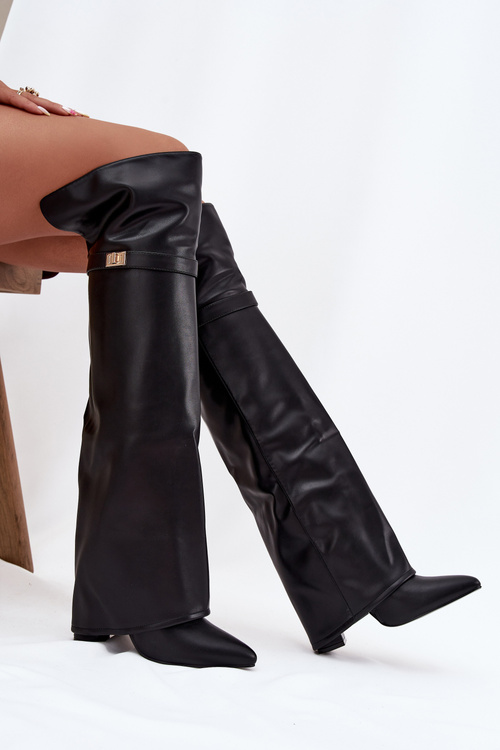Zateplené kozačky s vytočenou holínkou za koleno podpatek sloupek černé Serelle