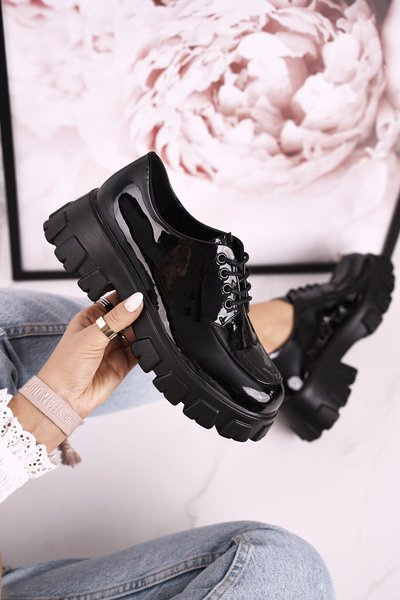 Dámské Pantofle Oxfordky Na Masivní Platformě S.Barski HX23 Lakovane Cerne