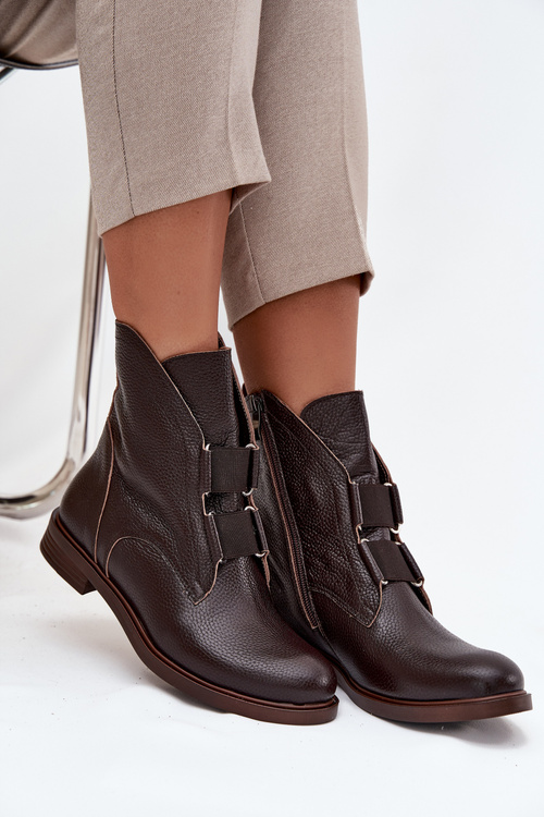 Dámske členkové topánky z pravé kože na plochom podpätku Zazoo 3842 čokoládové