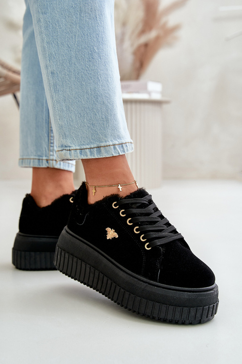 Dámské Zateplené Tenisky Na Masivní Podešvi Se Zlatým Detalem Černé Lotira