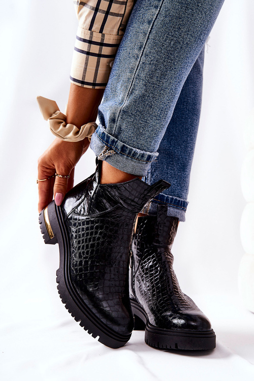Zateplené kožené boty Krokodýlí černá Tanya