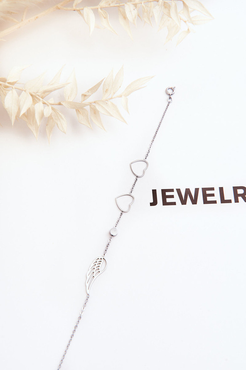 Módní náramek s křídlem z nerezové oceli a dvě srdce stříbrná