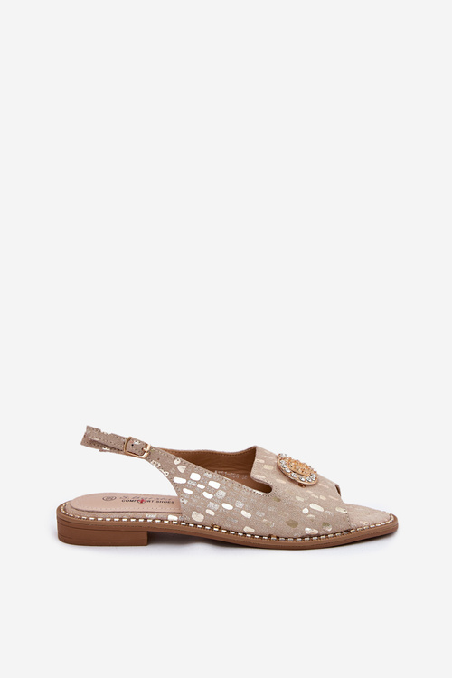 Kožené Sandále S Dekoráciou Na Ploškom Opätku S.Barski KV51-096 Zlaté