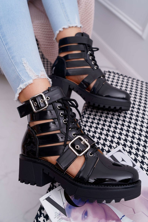 Dámské Kotníkové Boty Na Podpatku Jarní Lakované Černé Single