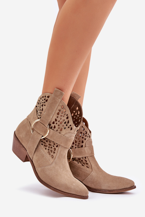 Semišové Boty Cowboy S Výřezem Na Podpatku Béžové Zazoo 2994