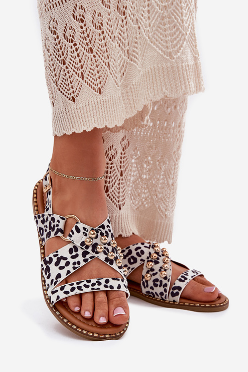 Dámské Sandály Na Plochém Podpatku Se Zlatými Hroty Bílo-Černé Zanira