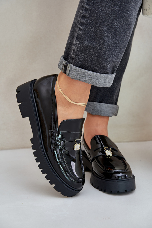 Lakované Dámské Mokasíny S Připínáčkem Medvěd Černé Wulinea