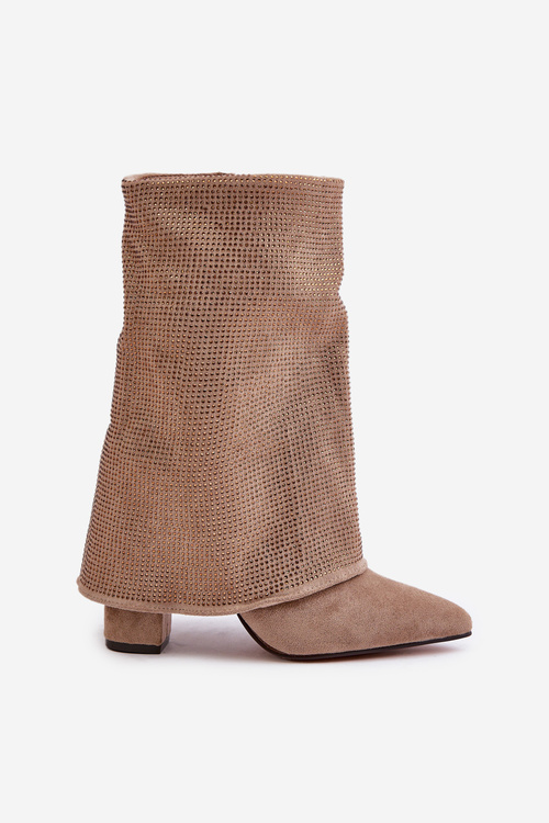 Ozdobené Lesklé Botky S Otočeným Svrškem Na Podpatku Zateplené Béžové Xistaria